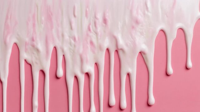 Delicious dripping white cream on a pink background for food and dessert concepts