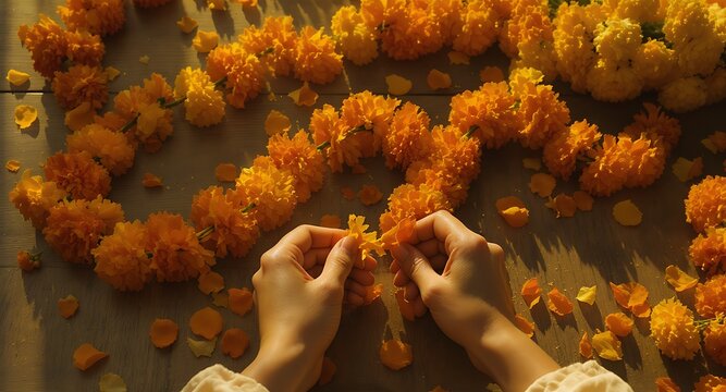 Person making garland out of orange marigold flowers on a table top