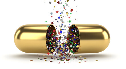 Golden capsule bursts with colorful confetti, a joyful celebration of wellness and health, perfect for festive events and vibrant marketing campaigns