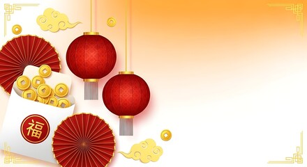 Chinese new year illustration of chinese new year decoration with lantern and gold ingot