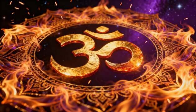 Golden om symbol surrounded by flames against a dark cosmic background with purple nebula