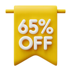 65_ sale Off Banner 3d icon in cartoon plastic style minimal isolated on transparent white background, clipping path
