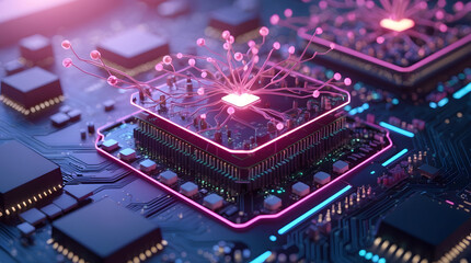 Close-up macro view of a computer motherboard showcasing electronic microchip components and circuit board technology