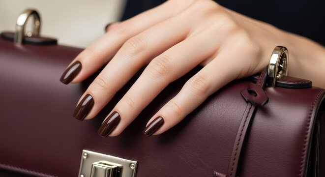 Elegant woman shows off sophisticated dark chocolate brown manicure with stylish leather handbag, perfect for fall fashion and beauty trends - Powered by Adobe