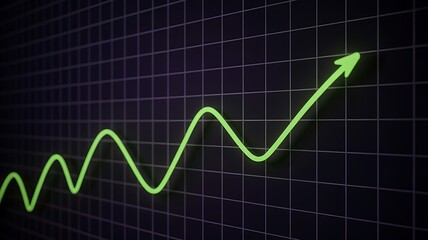 Naklejka premium Glowing green graph line on dark grid background showing upward trend and financial growth