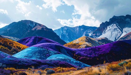 A landscape image displays colorful hills and mountains beneath a partly cloudy