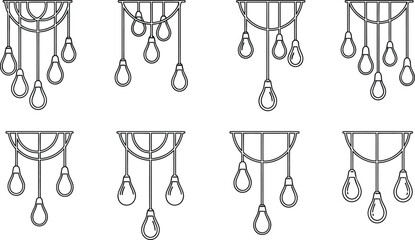 Abstract hand drawn doodle chandelier light bulb hanging fixture line art element collection set. simple decorative electric outline for interior home decor graphic illustration.