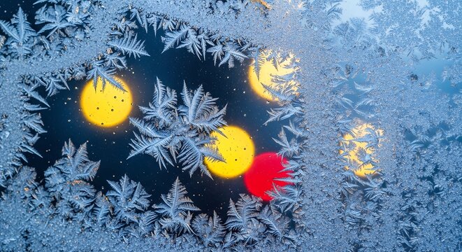 Frozen window with ice crystals and blurred bokeh lights shining through, concept for winter holidays, Christmas background and seasonal decoration