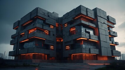 futuristic cityscape featuring a colossal brutalist megastructure made of reinforced concrete and metallic elements, captured from an extreme low-angle perspective