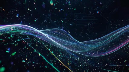 Abstract image of curved luminous lines with particles on dark background