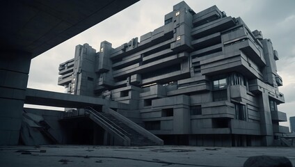 futuristic cityscape featuring a colossal brutalist megastructure made of reinforced concrete and metallic elements, captured from an extreme low-angle perspective