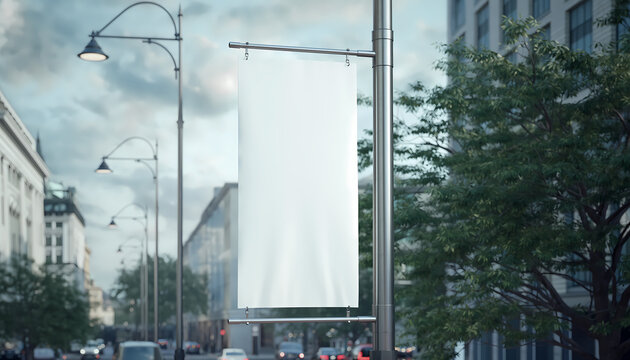A blank white banner hangs from a lamppost on a city street with buildings, trees, and traffic visible in the background under a cloudy sky.