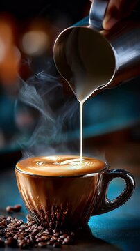 Coffee pouring process close up cup cafe aroma