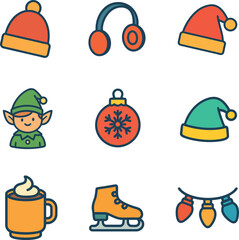 Colorful flat Christmas icon set including winter hat earmuffs santa hat elf character bauble elf hat hot chocolate ice skate and lights