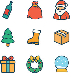 Flat colorful Christmas icon bundle with wine bottle santa bag santa claus christmas tree boot box gift wreath and snow globe
