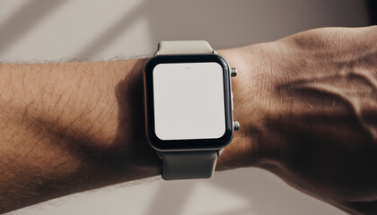 Close-up of a person's arm wearing a smartwatch with a blank white screen, showcasing modern technology and personal style.