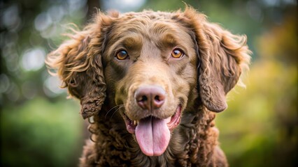The image showcases a close-up of a brown Chesapeake Bay Retriever against a soft, blurred green