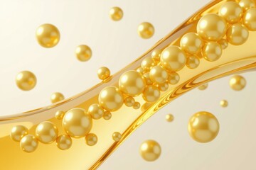 Obraz premium 3D render of collagen peptide molecules in a golden liquid featuring pearl-like droplets with reflections, showcasing a scientific and visually appealing aesthetic.