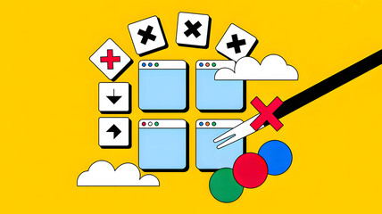 Creative interface icons with colorful browser windows on yellow background