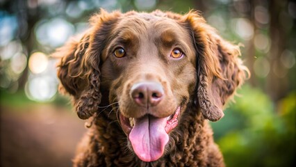 A close-up shot of a happy, brown curly-haired retriever dog with amber eyes and a big, pink tongue hanging