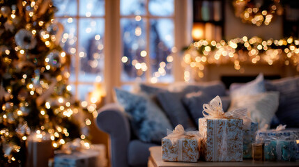 Cozy Christmas scene with gifts, tree, and warm lights in a living room. This festive image captures the joy of the holiday season with beautifully wrapped presents and twinkling lights.