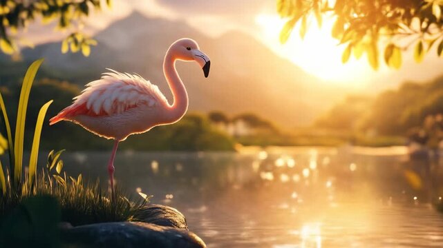 Elegant flamingo standing near water against a scenic mountain background