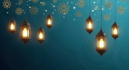 Traditional hanging lanterns with warm glowing lights dangle against a teal background adorned with golden stars and snowflakes. Perfect for religious holidays, festive greetings, and celebrations.