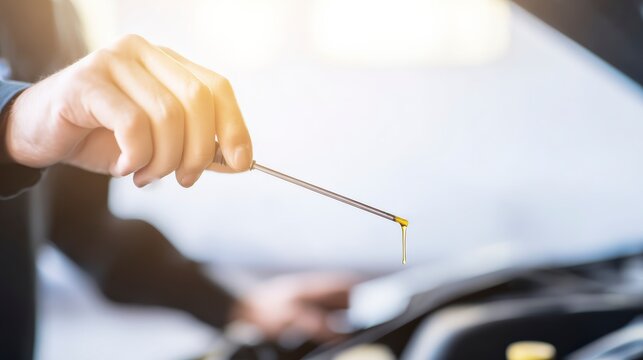 Mechanic checking engine oil level with dipstick in car repair shop ensures vehicle maintenance and optimal automotive performance.