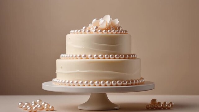 Elegant three-tiered ivory cake adorned with pearls and delicate floral accents, perfect for celebrations
