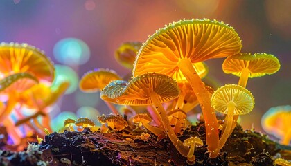 A cluster of golden mushrooms glows vividly against a blurred, colorful backdrop, creating an ethereal and magical woodland