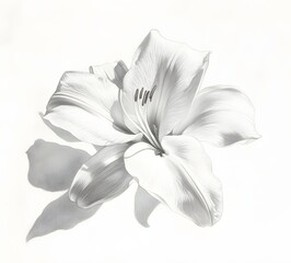 Delicate white lily flower detailed sketch on white background, close-up studio shot