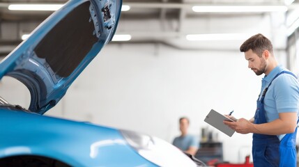 Fototapeta premium Skilled mechanic conducting detailed car inspection in auto repair shop. Professional vehicle maintenance and diagnostics for optimal performance.