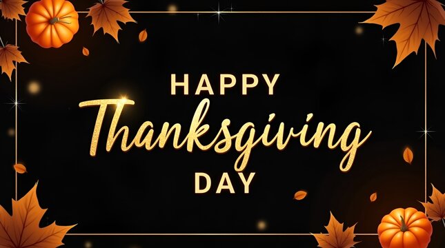 Radiant golden text ‘Happy Thanksgiving Day’ with metallic shine set against a rich black background, elegant festive style, perfect for holiday greeting cards and eye-catching Thanksgiving promotion