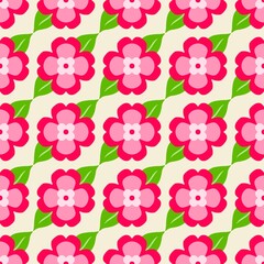 Retro Pink Floral Tile Pattern On Cream Background
