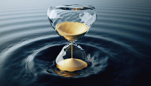 Distorted hourglass leaking luminous sand into dark void. Ripples in water suggest sense of urgency and lost time, evoking powerful and emotional feeling of loss