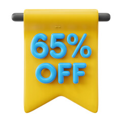 65_ sale Off Banner 3d icon in cartoon plastic style minimal isolated on transparent white background, clipping path