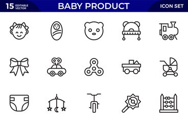 Baby Product and Game outline Icon Set. A charming collection of icons designed for parents and caregivers, perfect for websites, apps, and marketing materials focused