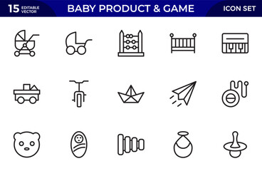 Baby Product and Game outline Icon Set. A charming collection of icons designed for parents and caregivers, perfect for websites, apps, and marketing materials focused 