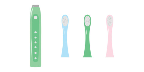 Electric toothbrush and brush heads illustration. Rechargeable brush with spare heads, vector. Toothbrush with attachment heads, dental set