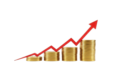 Gold coin stacks with red upward trend arrow isolated on a transparent background