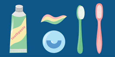 Dental care set, toothpaste, floss, toothbrush. Oral hygiene kit illustration, dental essentials. Toothpaste and floss with brush, health set