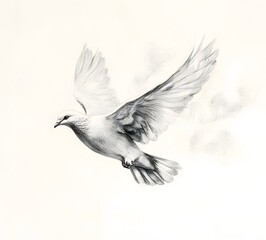Detailed pencil drawing of a dove in flight, symbolizing peace and freedom.