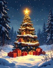 Magical Christmas Tree Scene with Gifts in Snowy Landscape.