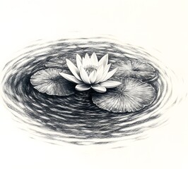Pencil drawing of a water lily flower floating on rippling water surface with leaves