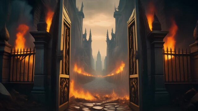 Through the Burning Gates A Portentous Passage to a Desolate Realm Where Ancient Spires Pierce the Ominous Sky, a Vision of Dark Fantasy Architecture