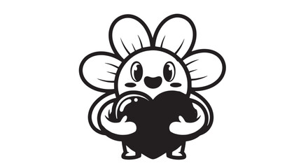 Obraz premium Cute cartoon flower mascot holding a heart and smiling in cheerful illustration.
