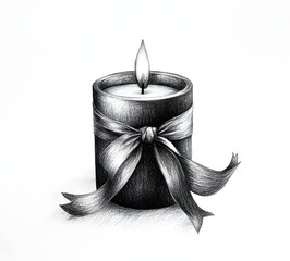 Pencil drawing of a lit candle with a bow tied around it on a white background.