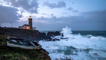 A lighthouse sits on a cliff at dusk, with a wrecked boat and powerful waves crashing against the