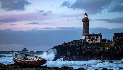 The image features a lighthouse on a rocky coast with dark ocean