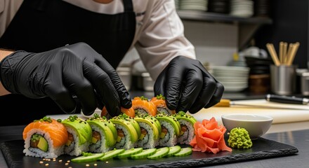 Chef wearing black gloves carefully arranges fresh sushi rolls with salmon, avocado, and other ingredients on a dark slate plate. Perfect for restaurant menus or culinary content.